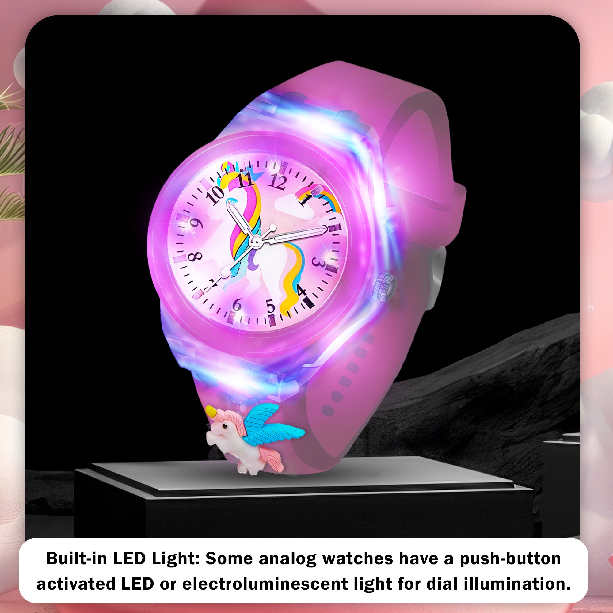 Lookhaa 3D Cute Unicorn Cartoon Watch with 7 Disco Lights Analog Watch for Girls - Pink
