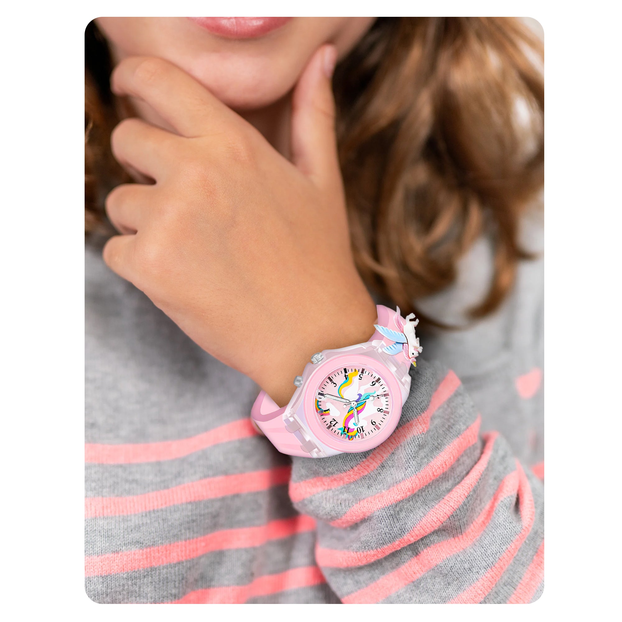Lookhaa 3D Cute Unicorn Cartoon Watch with 7 Disco Lights Analog Watch for Girls - Pink
