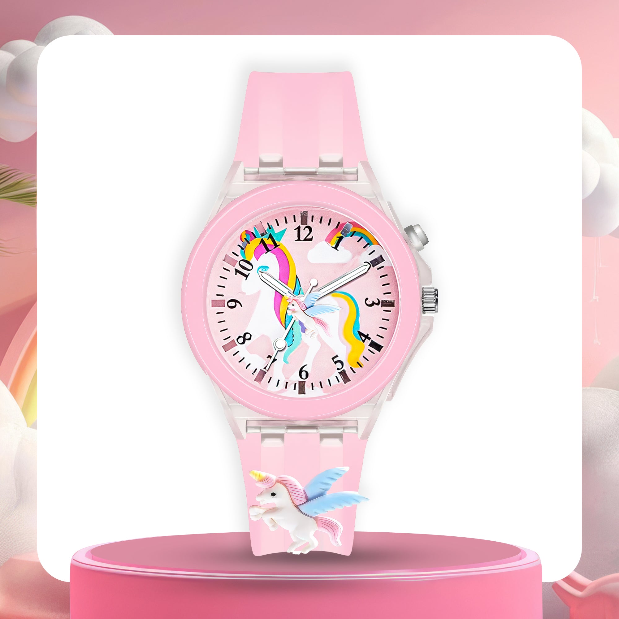 Lookhaa 3D Cute Unicorn Cartoon Watch with 7 Disco Lights Analog Watch for Girls - Pink
