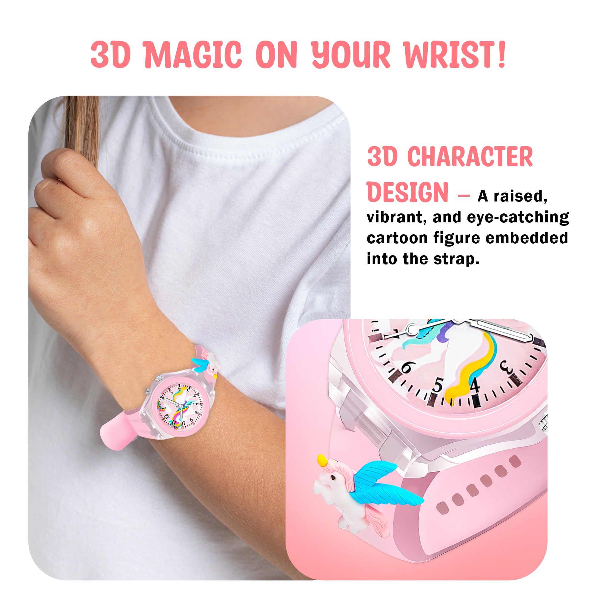 Lookhaa 3D Cute Unicorn Cartoon Watch with 7 Disco Lights Analog Watch for Girls - Pink
