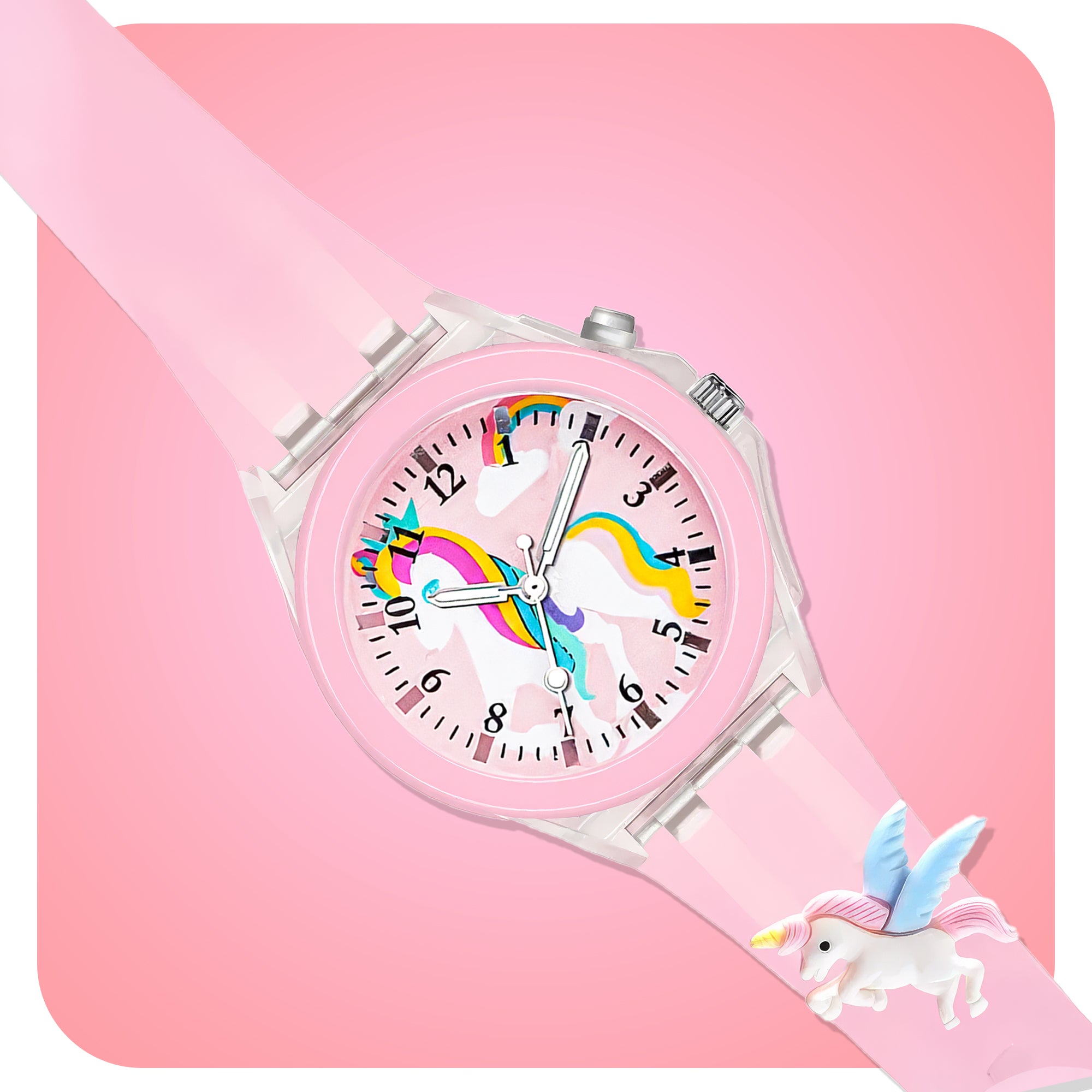 Lookhaa 3D Cute Unicorn Cartoon Watch with 7 Disco Lights Analog Watch for Girls - Pink
