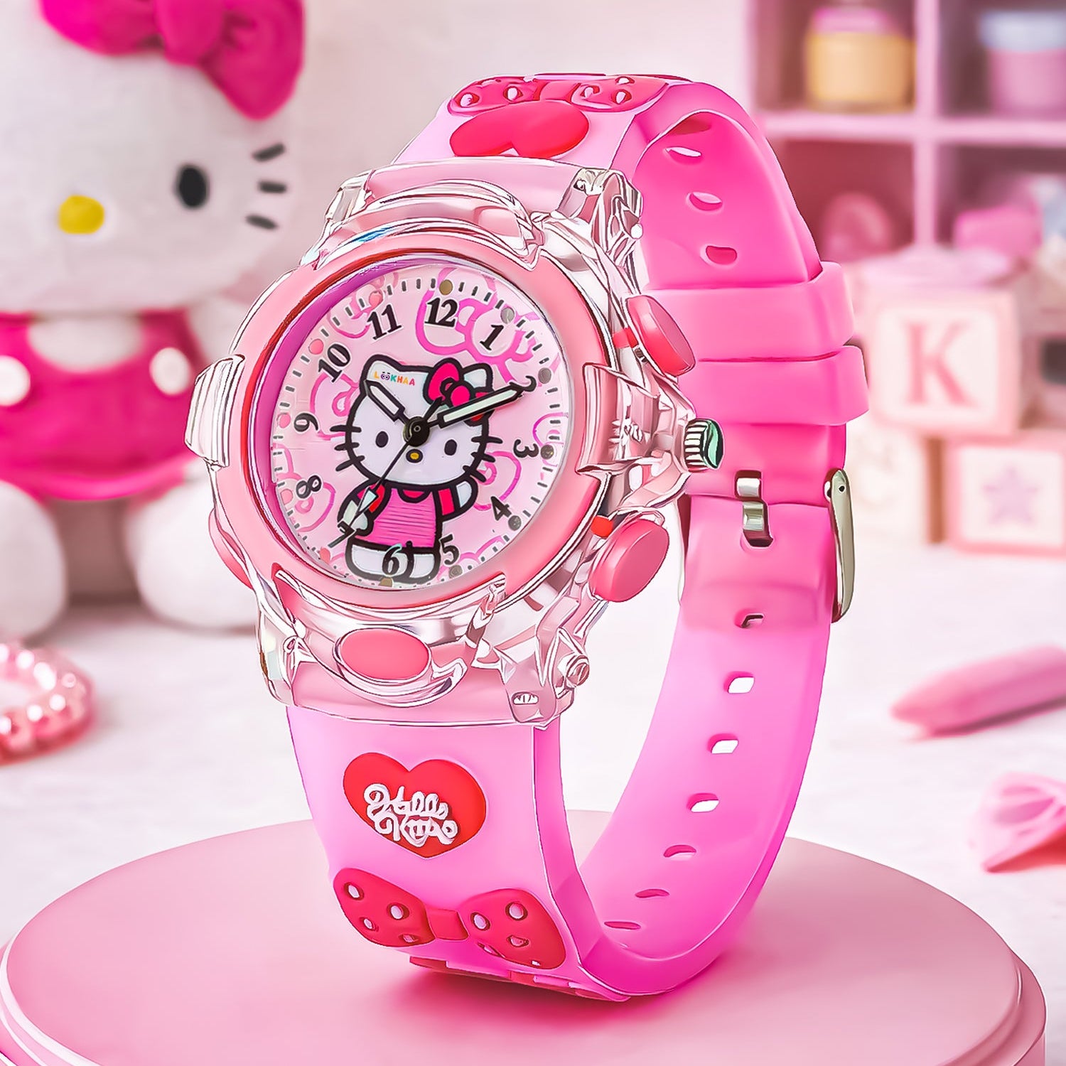 Lookhaa Kids Cute Cartoon Analog Disco Light Watches For Girls - Pink lookhaa