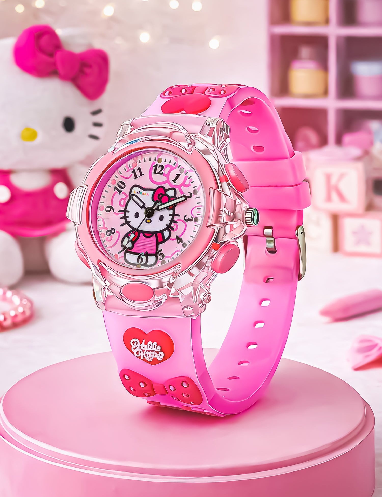 Lookhaa Kids Cute Cartoon Analog Disco Light Watches For Girls - Pink lookhaa