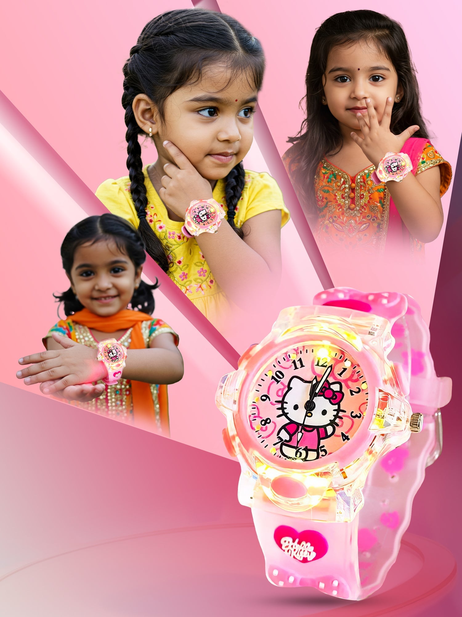 Lookhaa Kids Cute Cartoon Analog Disco Light Watches For Girls - Pink lookhaa