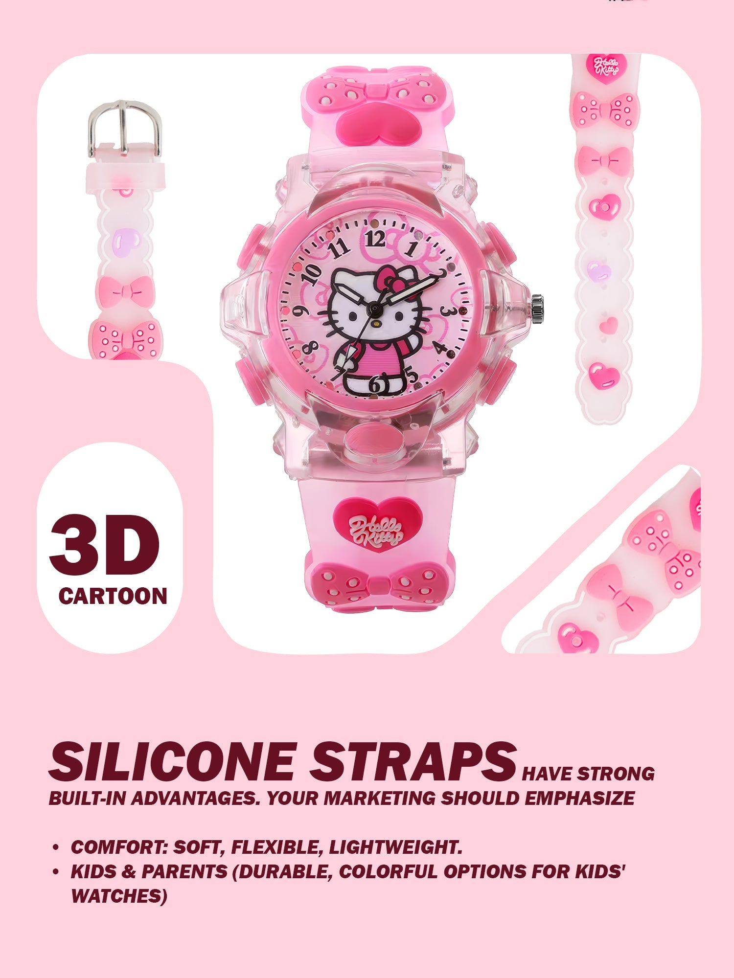 Lookhaa Kids Cute Cartoon Analog Disco Light Watches For Girls - Pink lookhaa