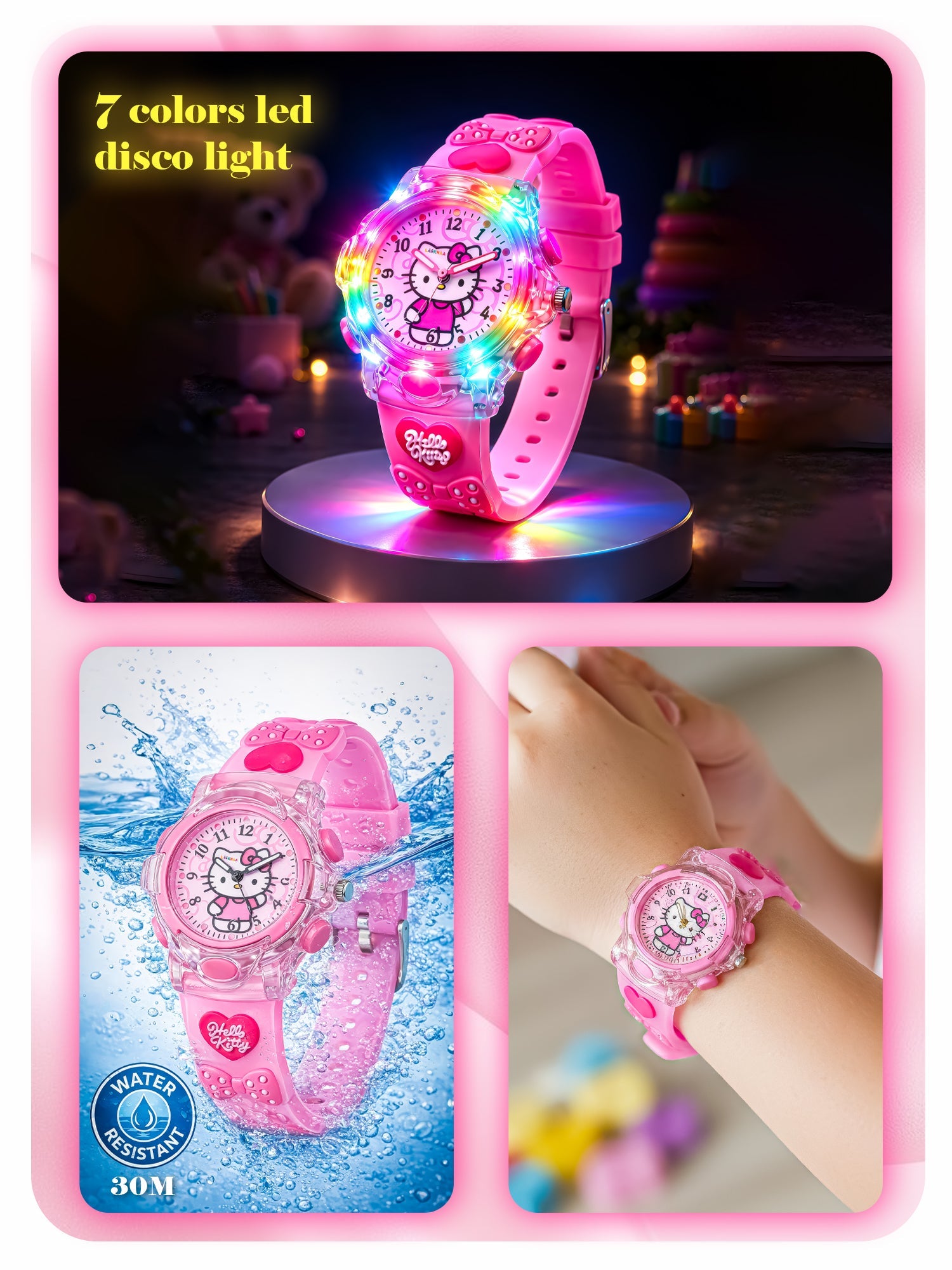 Lookhaa Kids Cute Cartoon Analog Disco Light Watches For Girls - Pink lookhaa