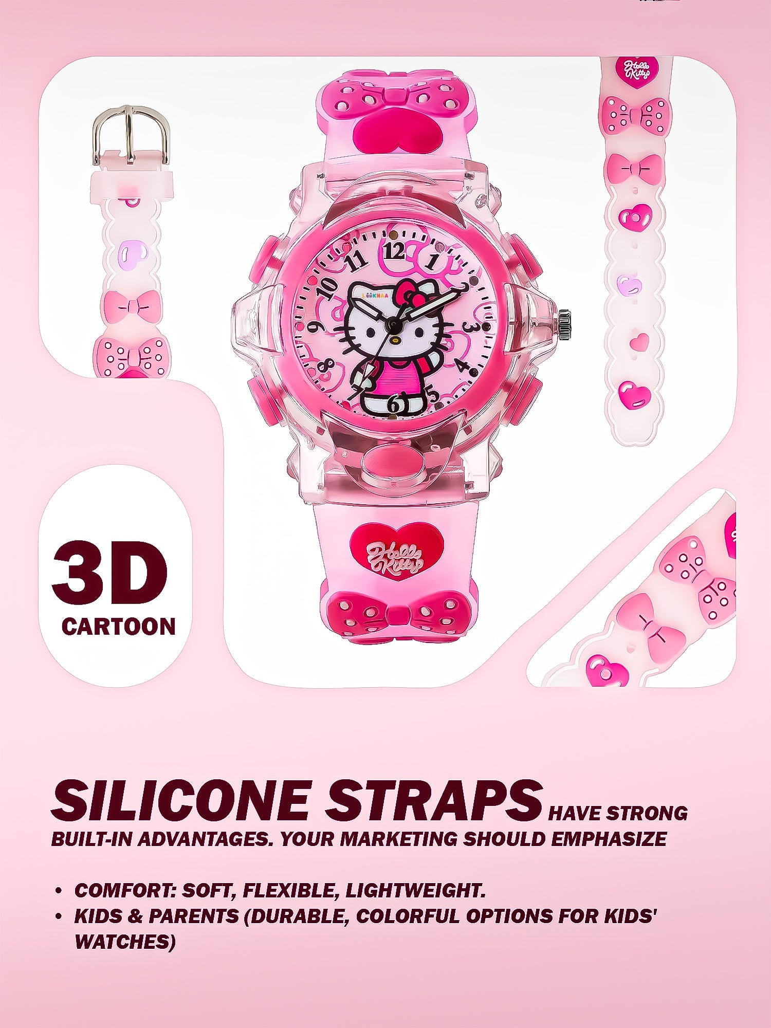 Lookhaa Kids Cute Cartoon Analog Disco Light Watches For Girls - Pink lookhaa