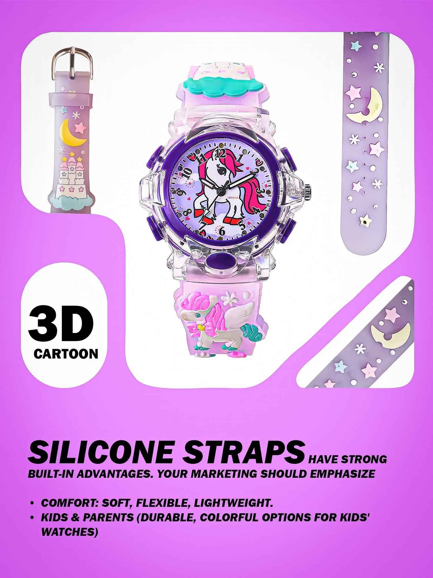 Lookhaa Cartoon Analog Light Watch for Girls - Purple lookhaa