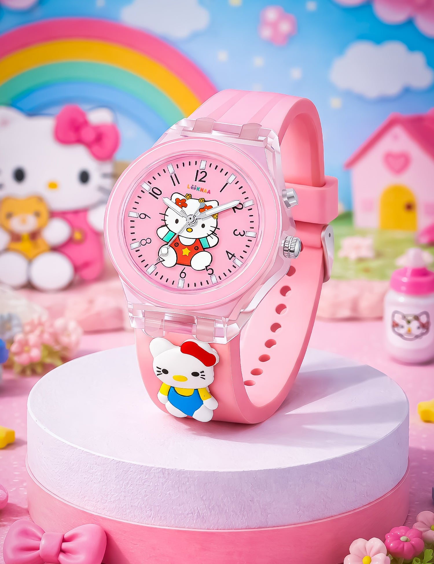 Lookhaa 3D Cute Cartoon Watch with 7 Disco Lights Analog Watch for Girls - Pink lookhaa