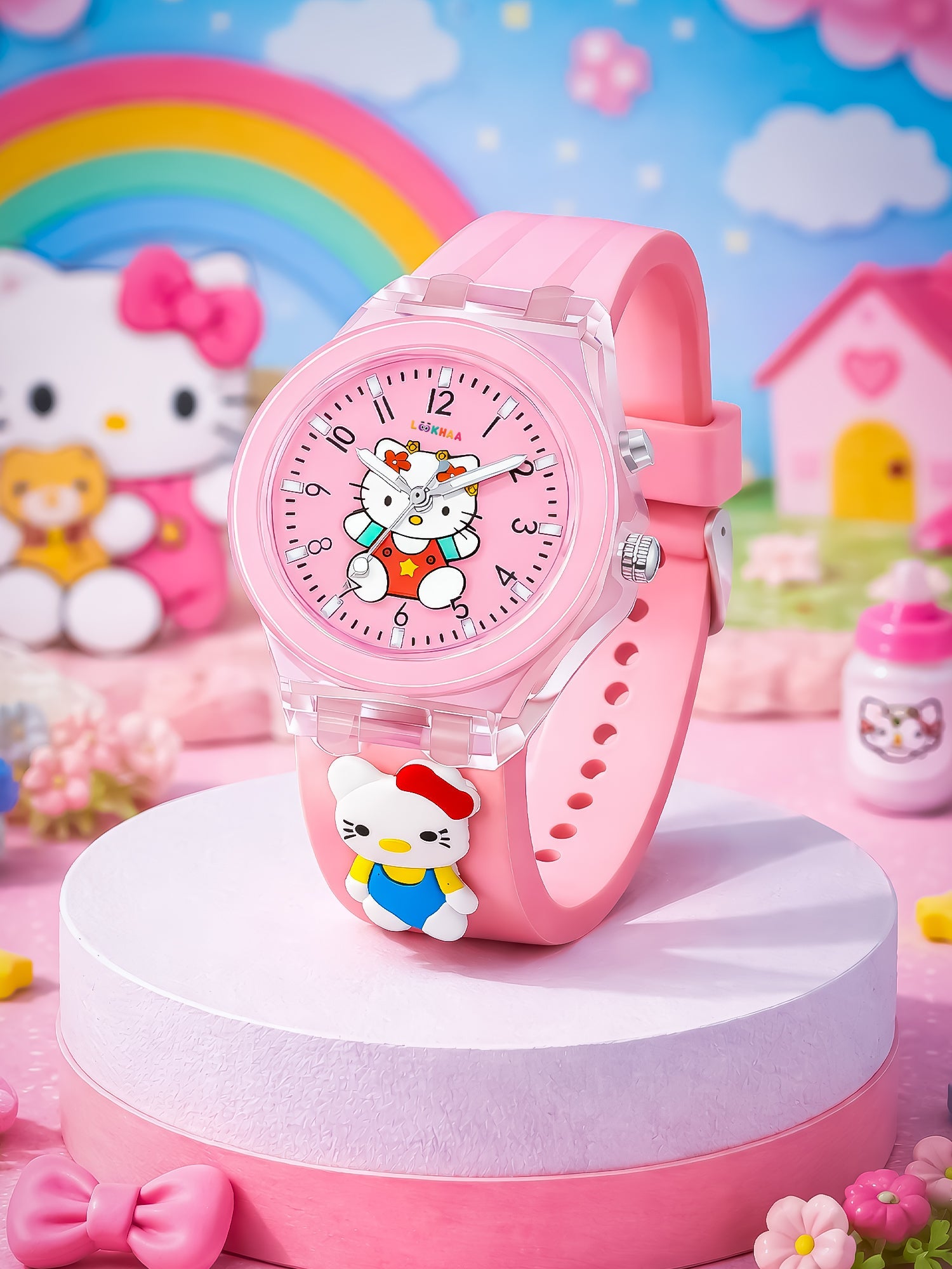 Lookhaa 3D Cute Cartoon Watch with 7 Disco Lights Analog Watch for Girls - Pink lookhaa