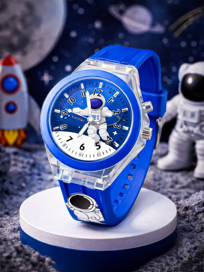 Lookhaa 3D Cute Astronaut Cartoon Watch with 7 Disco Lights Analog Watch for Boys - Blue