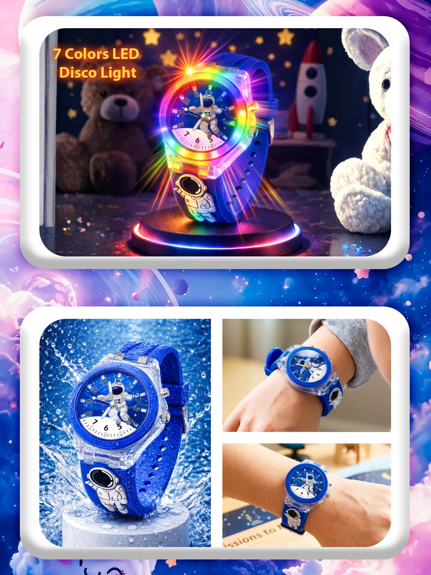 Lookhaa 3D Cute Astronaut Cartoon Watch with 7 Disco Lights Analog Watch for Boys - Blue lookhaa