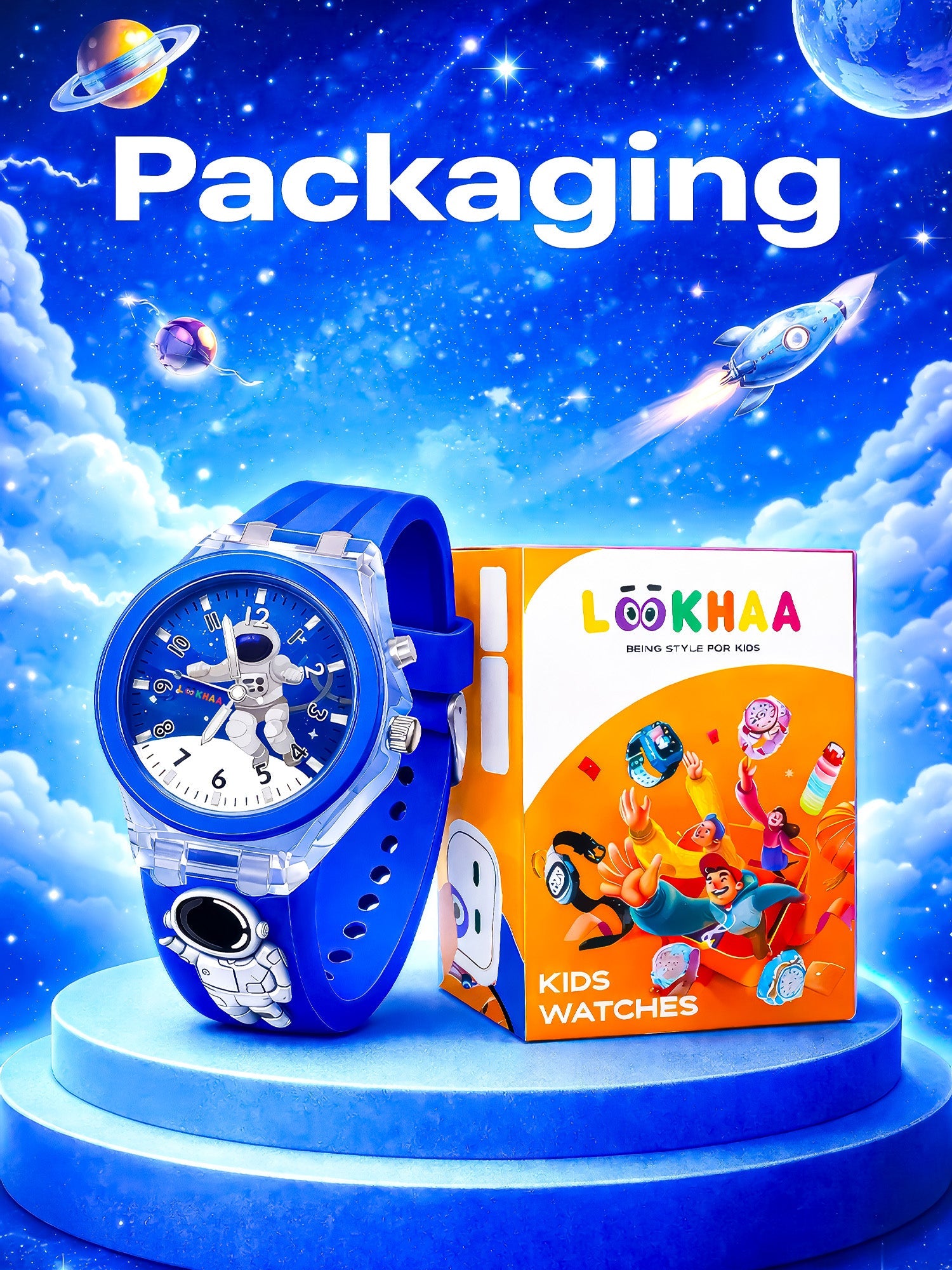 Lookhaa 3D Cute Astronaut Cartoon Watch with 7 Disco Lights Analog Watch for Boys - Blue lookhaa