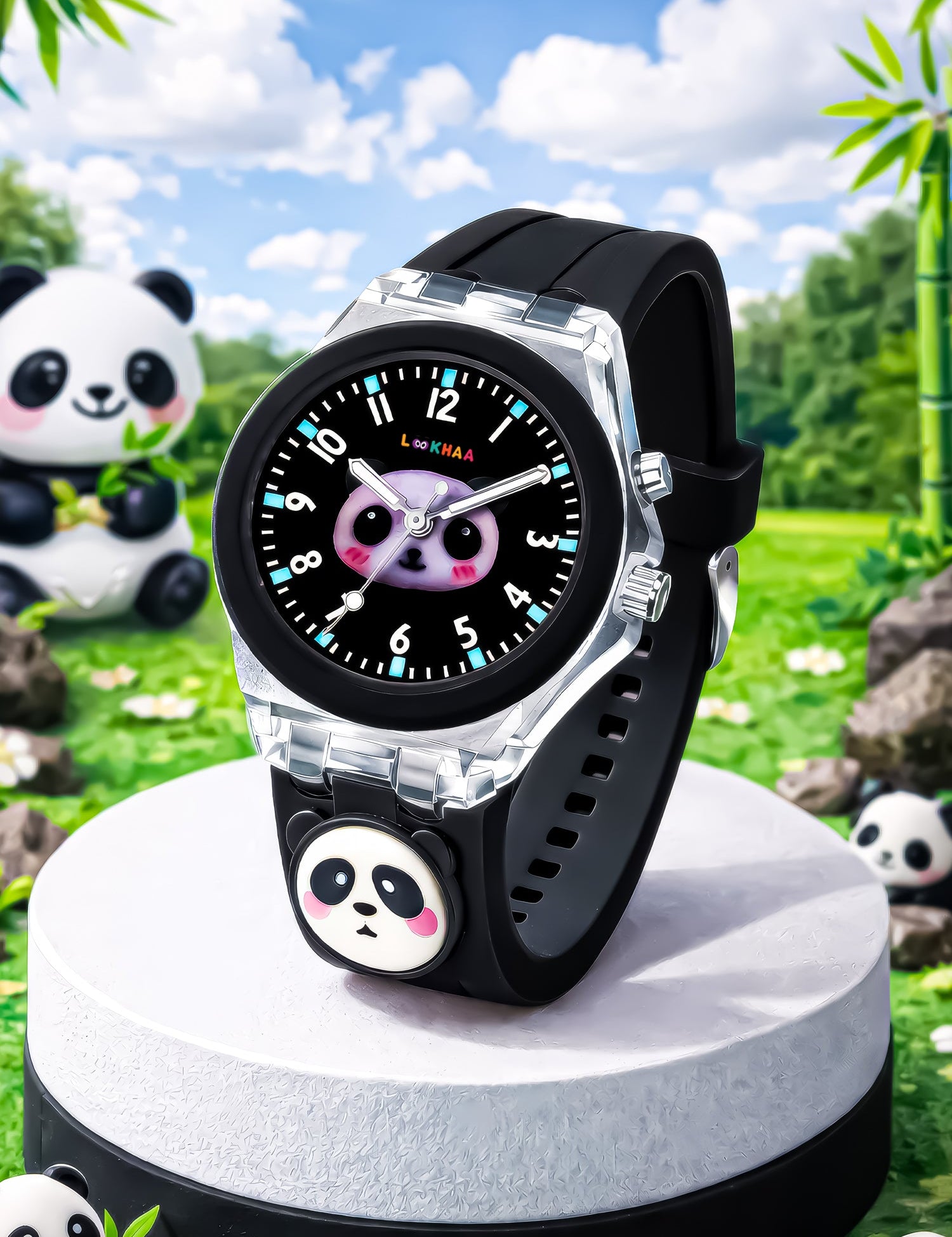 Lookhaa 3D Cute Panda Cartoon Watch with 7 Disco Lights Analog Watch for Boys - Black lookhaa