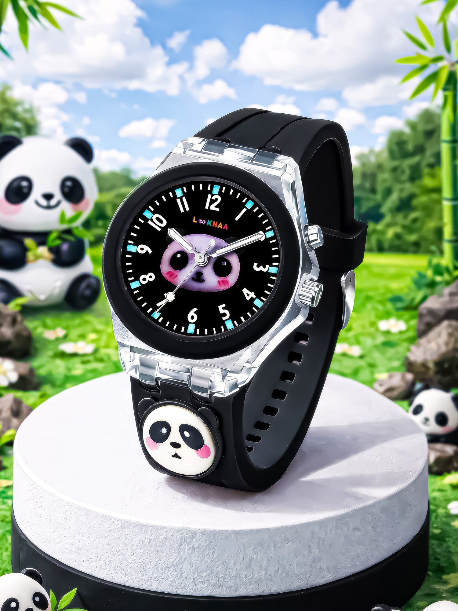 Lookhaa 3D Cute Panda Cartoon Watch with 7 Disco Lights Analog Watch for Boys - Black lookhaa