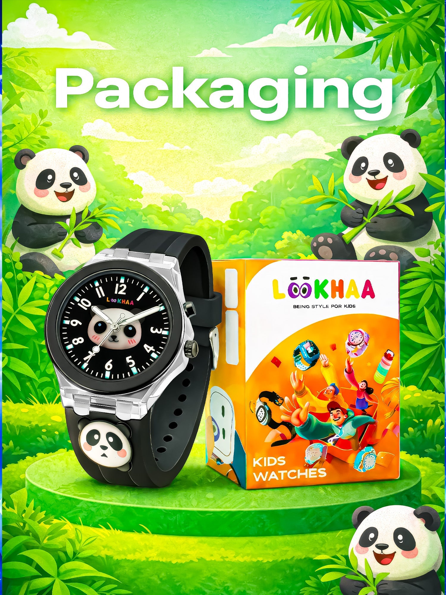 Lookhaa 3D Cute Panda Cartoon Watch with 7 Disco Lights Analog Watch for Boys - Black lookhaa