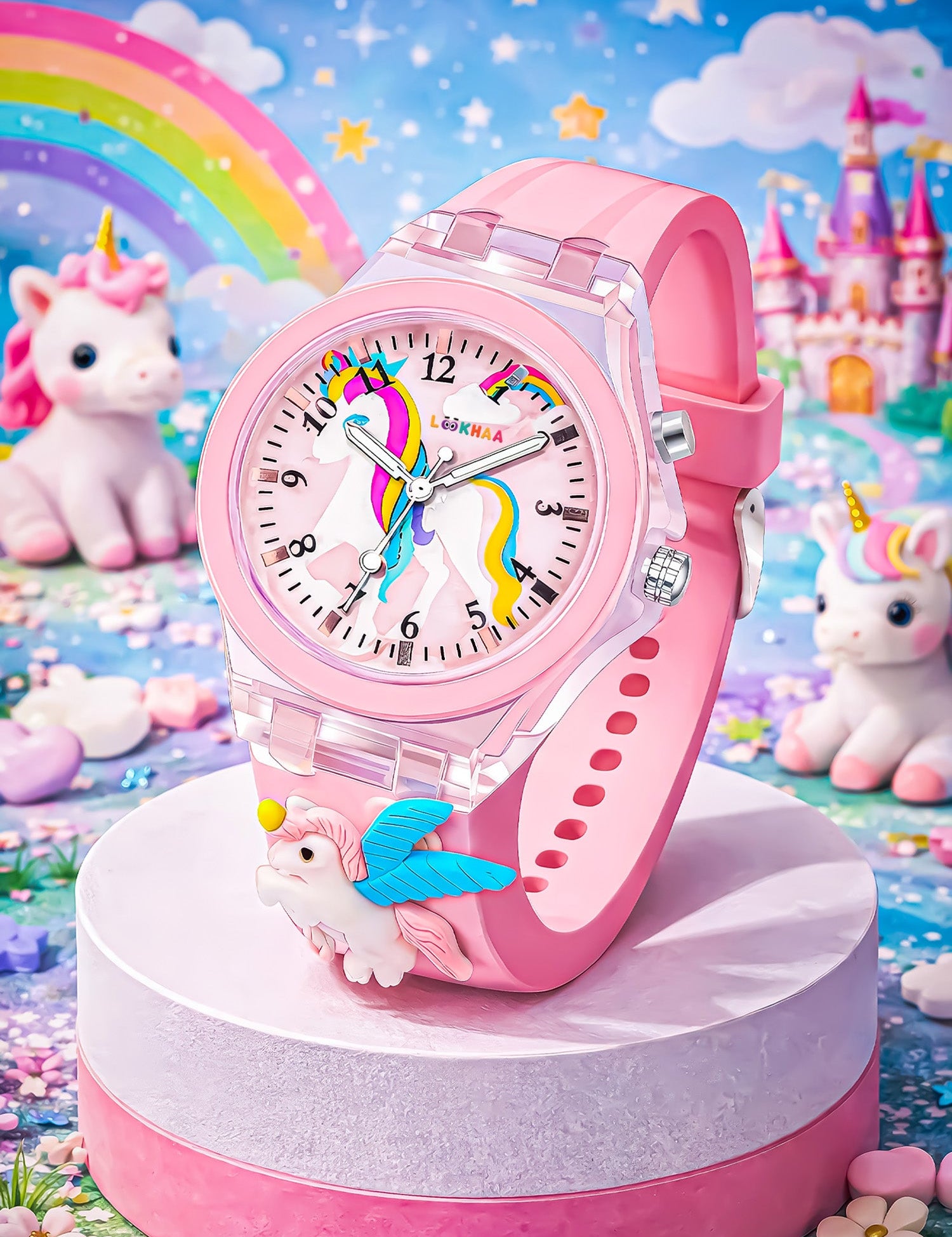 Lookhaa 3D Cute Unicorn Cartoon Watch with 7 Disco Lights Analog Watch for Girls - Pink lookhaa
