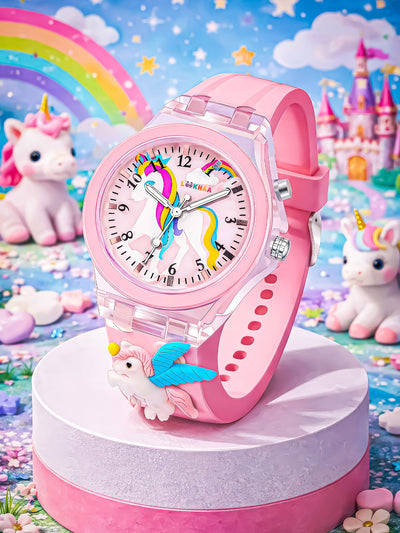 Lookhaa 3D Cute Unicorn Cartoon Watch with 7 Disco Lights Analog Watch for Girls - Pink