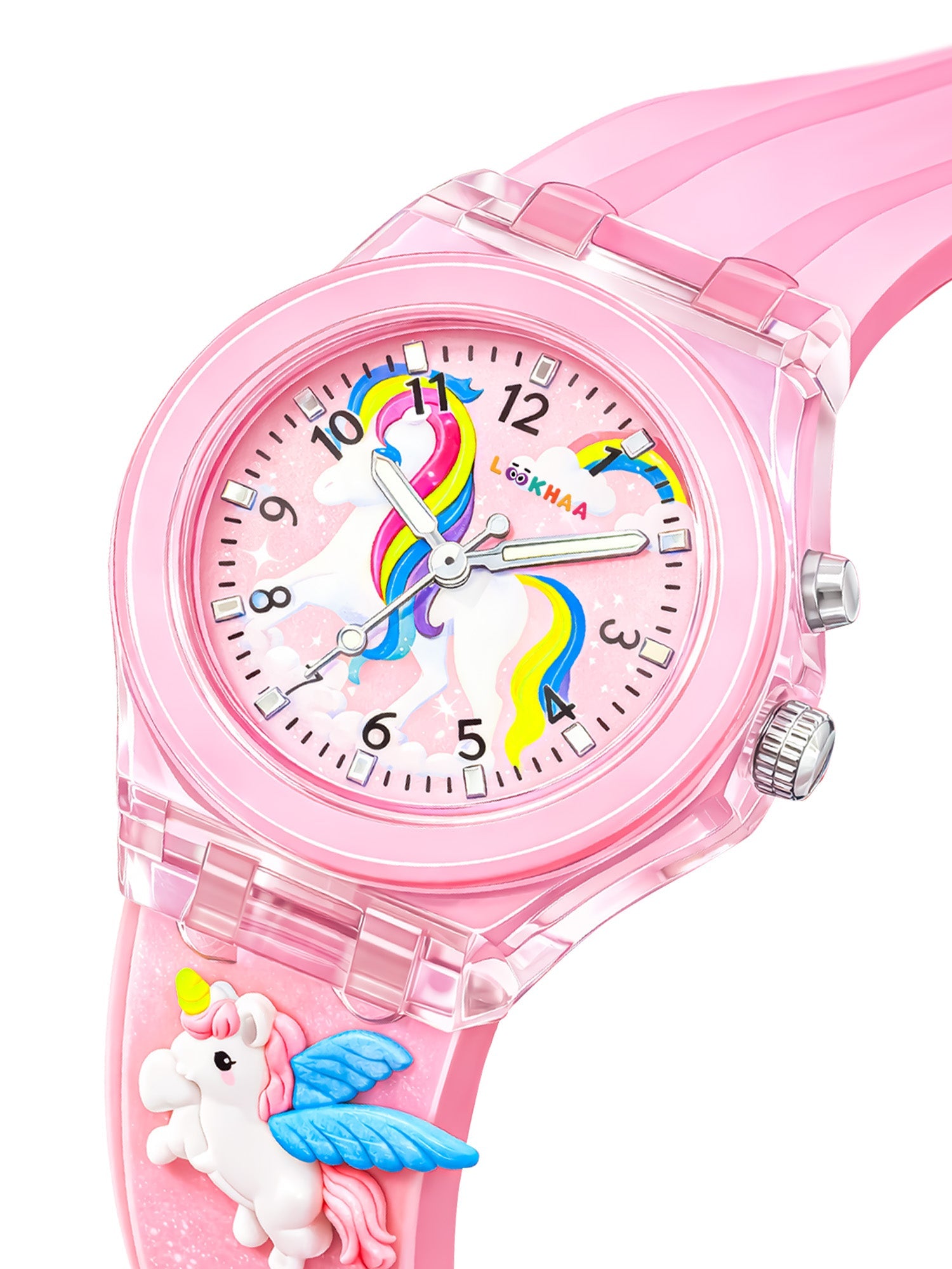 Lookhaa 3D Cute Unicorn Cartoon Watch with 7 Disco Lights Analog Watch for Girls - Pink lookhaa
