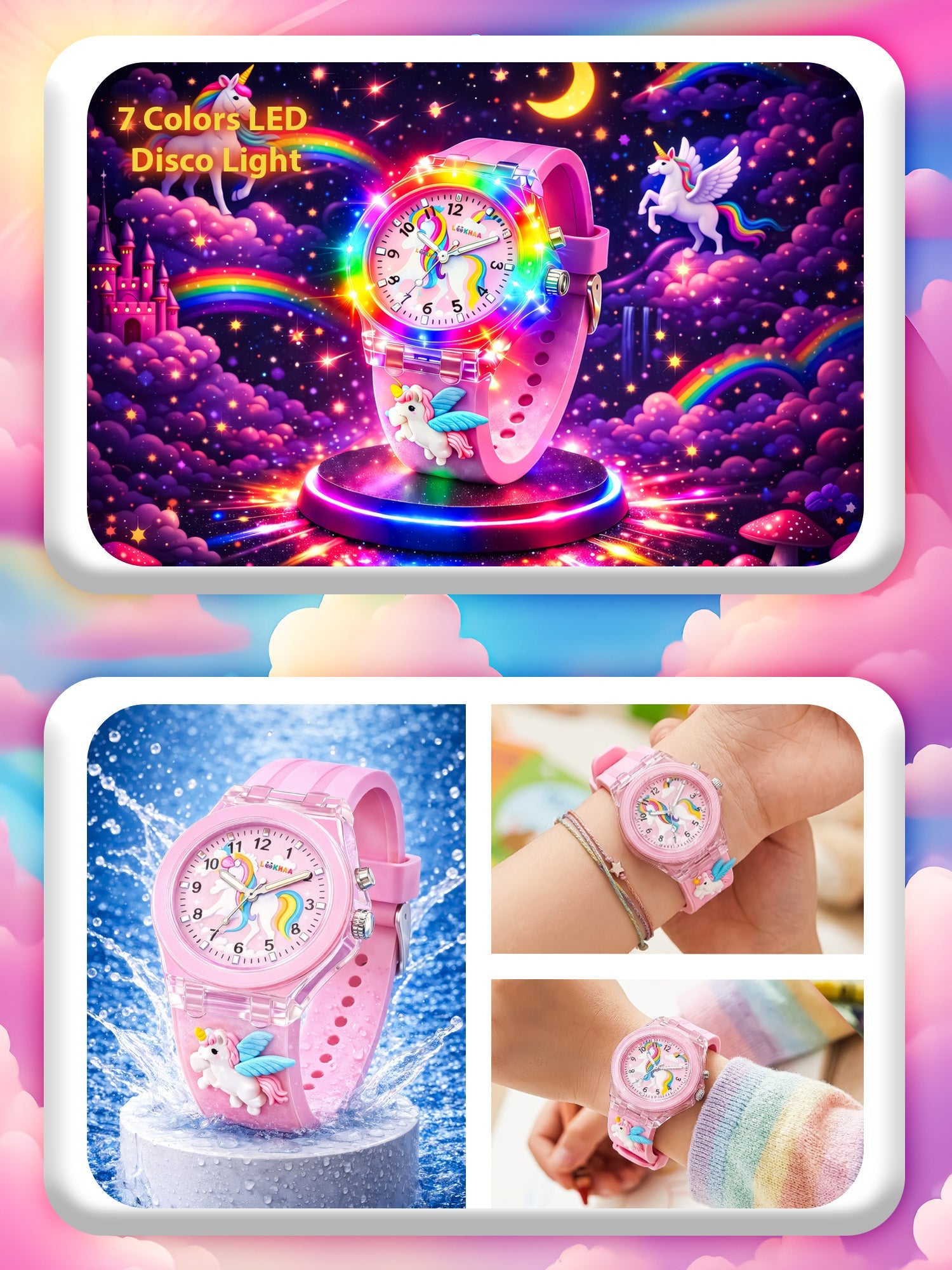 Lookhaa 3D Cute Unicorn Cartoon Watch with 7 Disco Lights Analog Watch for Girls - Pink lookhaa