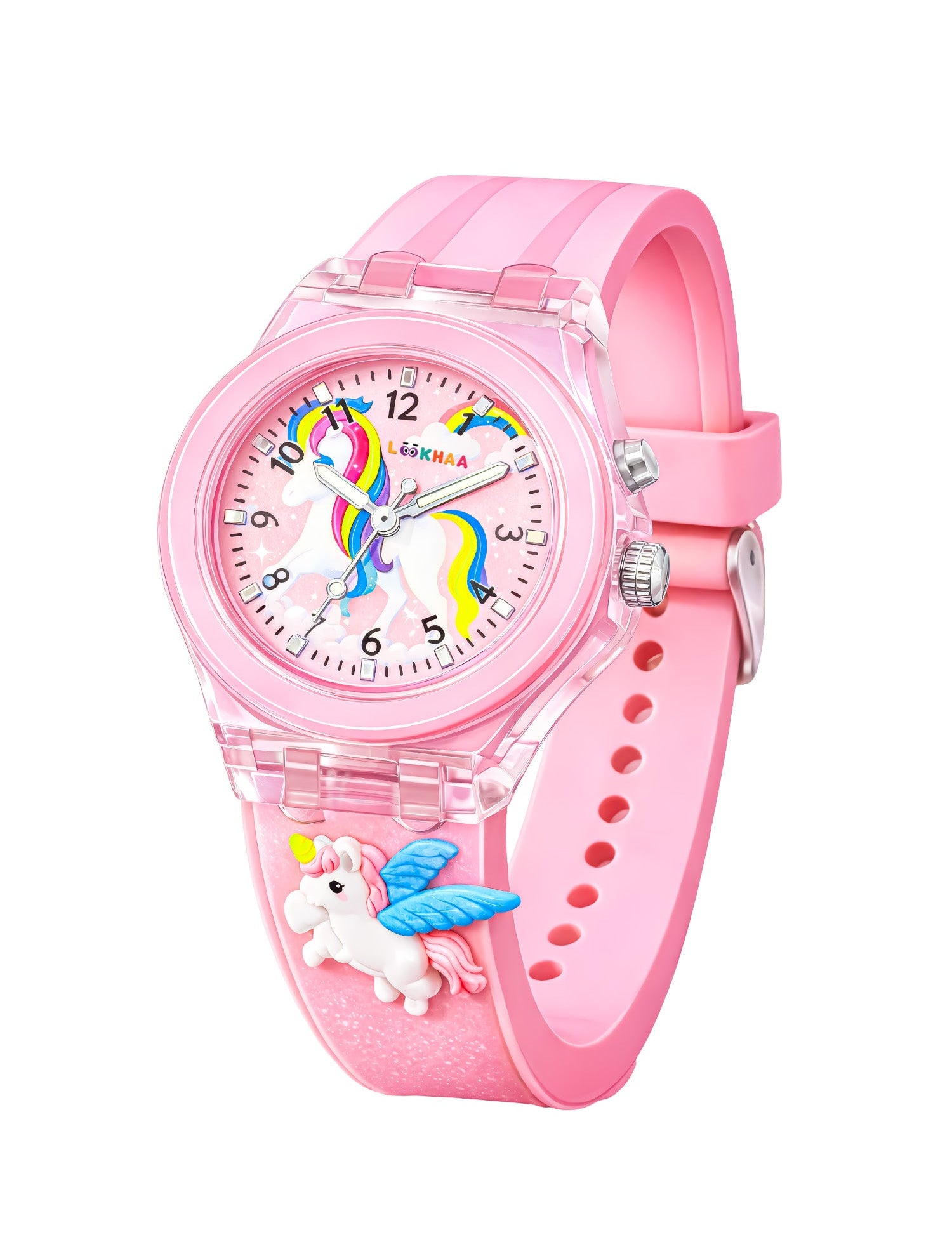 Lookhaa 3D Cute Unicorn Cartoon Watch with 7 Disco Lights Analog Watch for Girls - Pink lookhaa