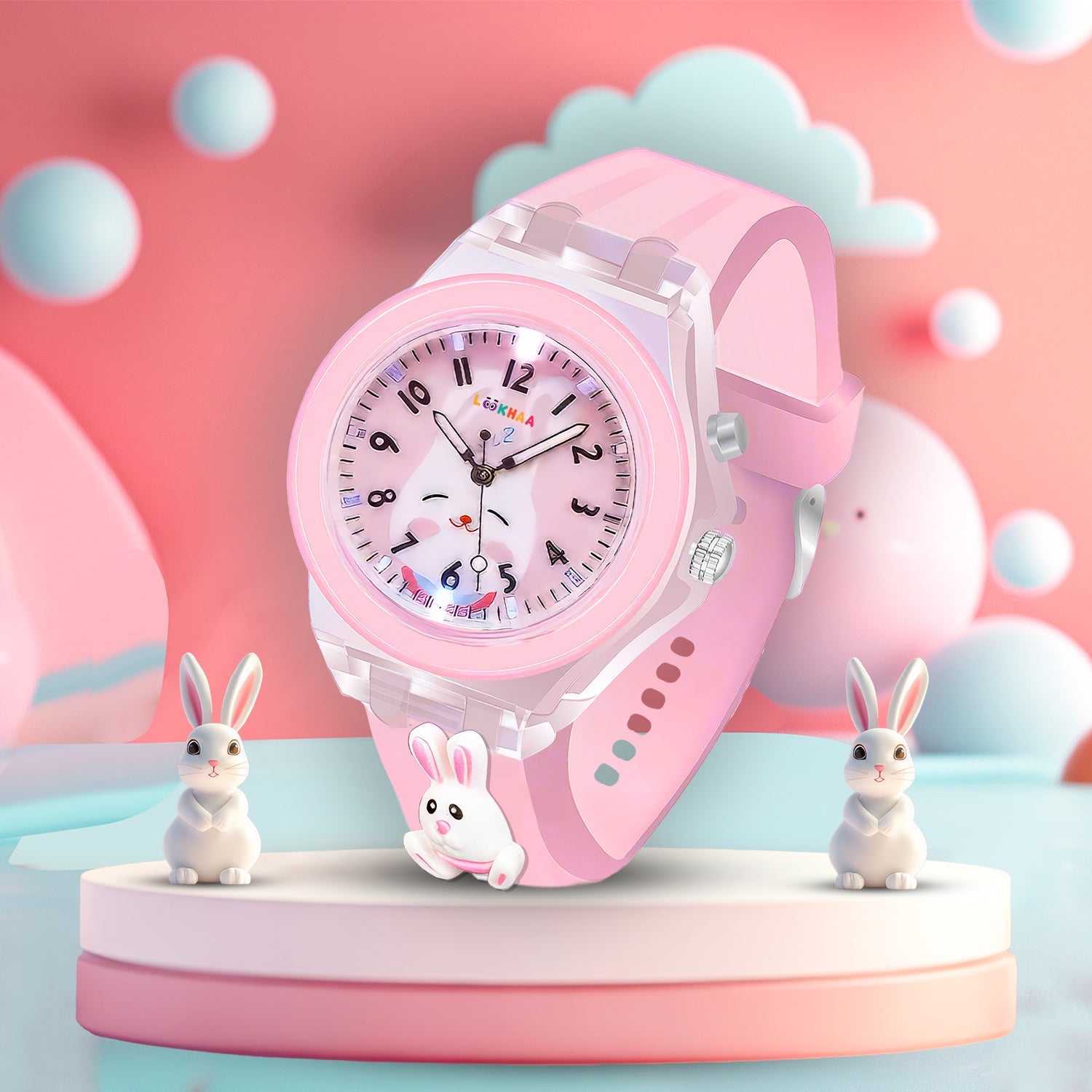 Lookhaa 3D Cartoon Rabbit Watch with 7 Disco Lights Analog Watch for Girls - Pink lookhaa