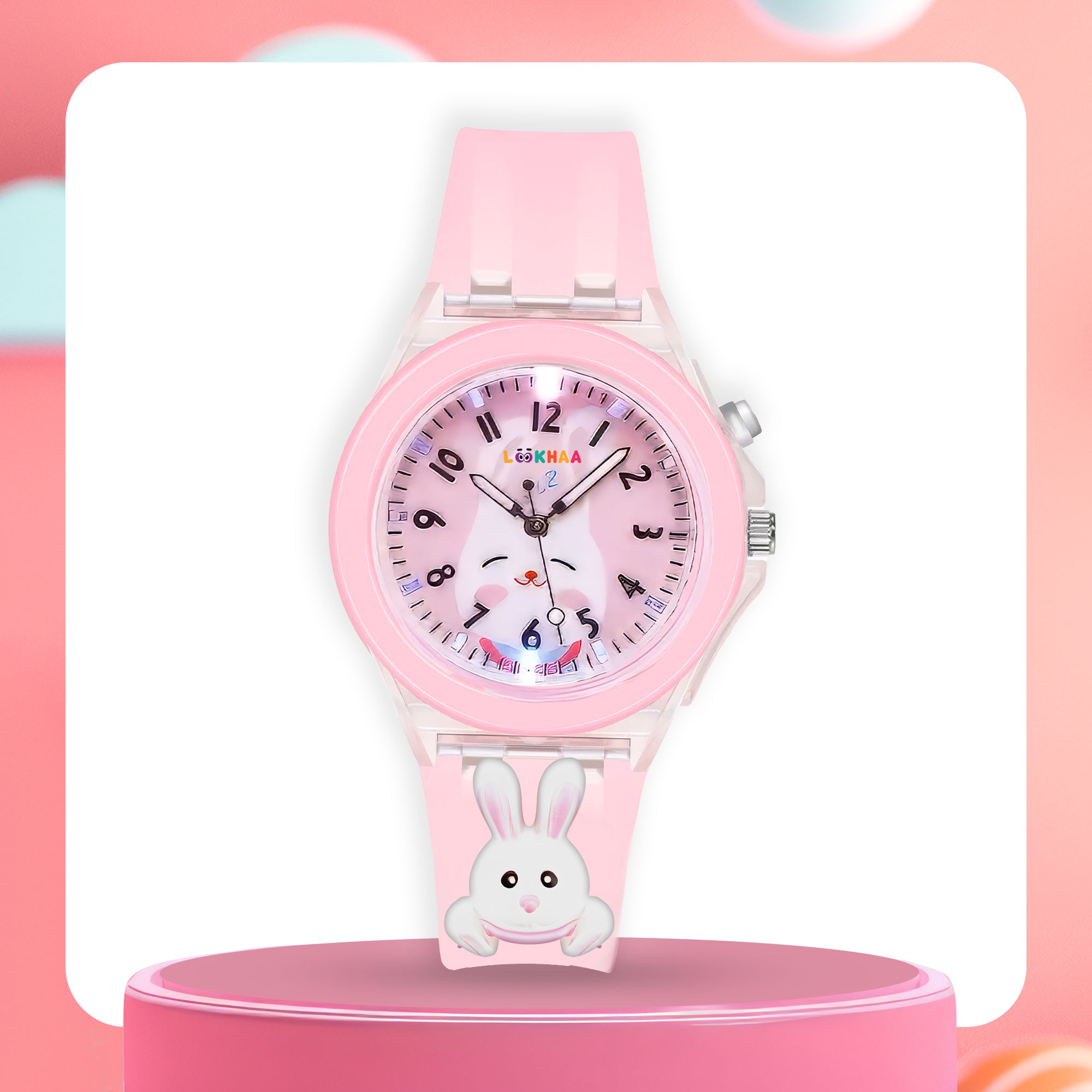 Lookhaa 3D Cartoon Rabbit Watch with 7 Disco Lights Analog Watch for Girls - Pink lookhaa