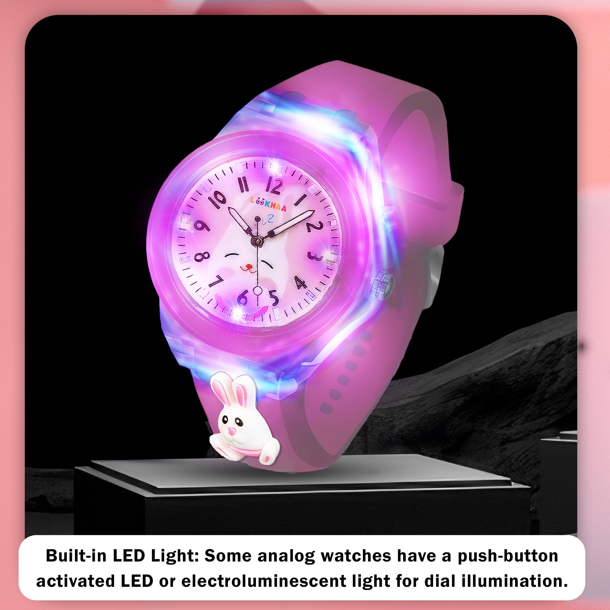 Lookhaa 3D Cartoon Rabbit Watch with 7 Disco Lights Analog Watch for Girls - Pink lookhaa