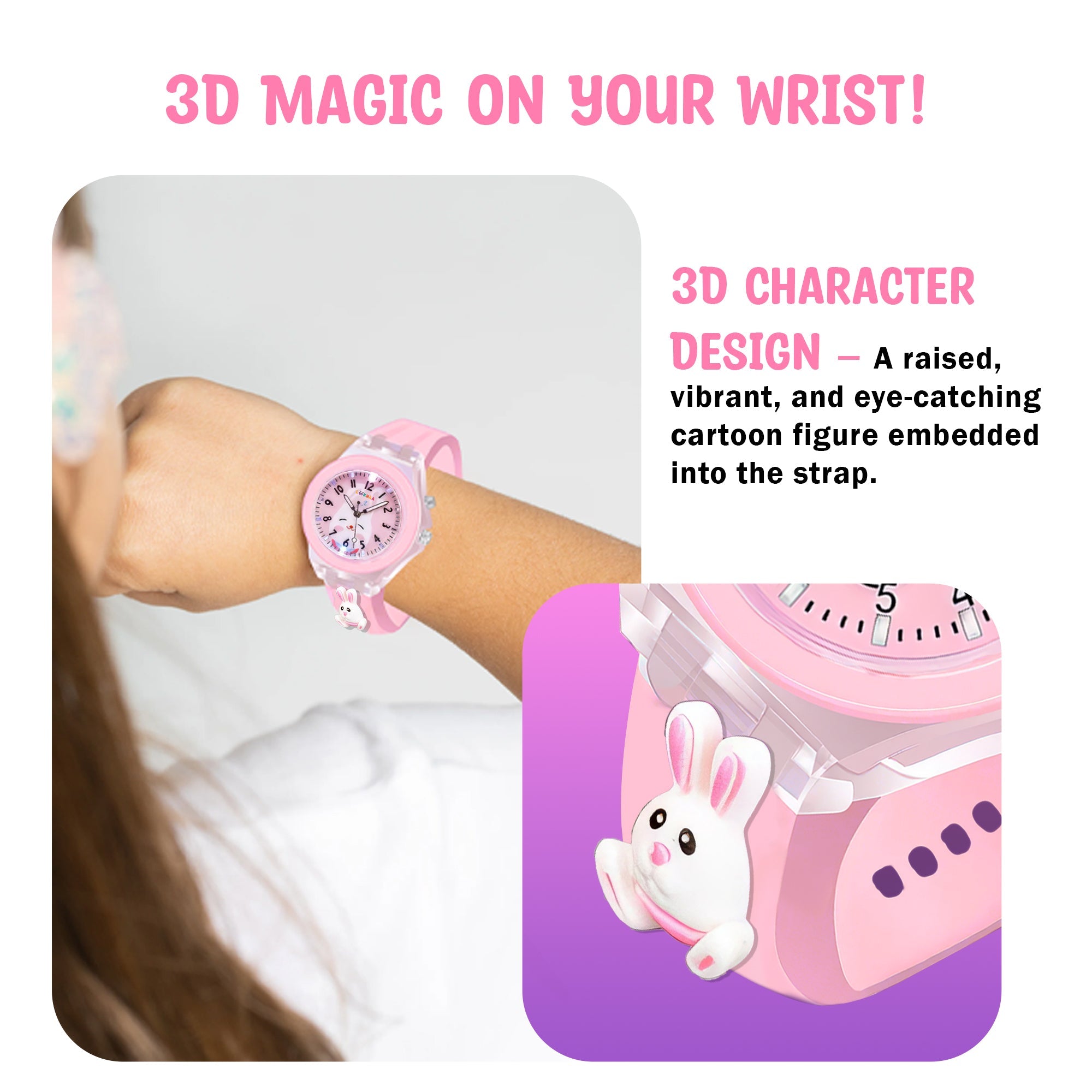 Lookhaa 3D Cartoon Rabbit Watch with 7 Disco Lights Analog Watch for Girls - Pink lookhaa