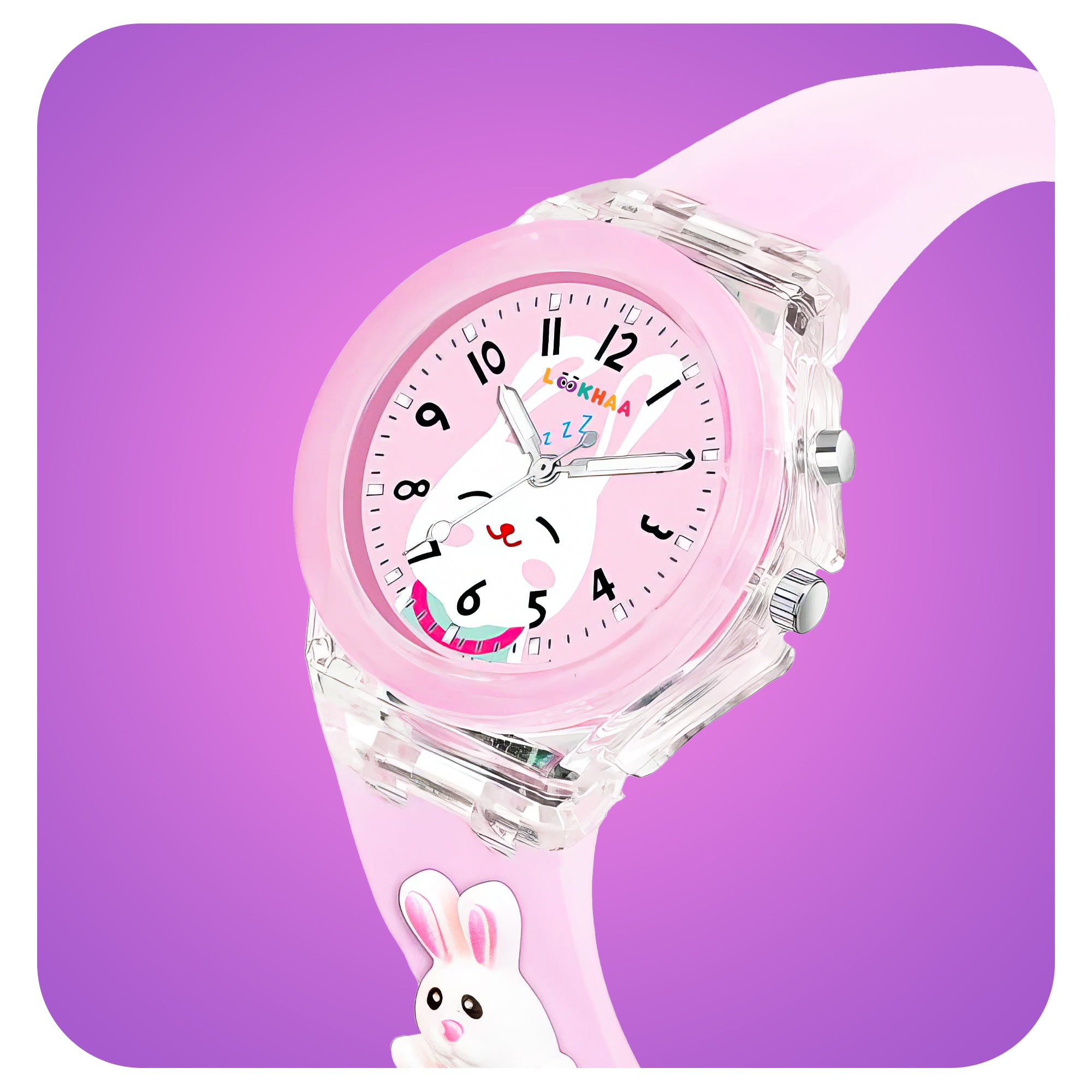 Lookhaa 3D Cartoon Rabbit Watch with 7 Disco Lights Analog Watch for Girls - Pink lookhaa