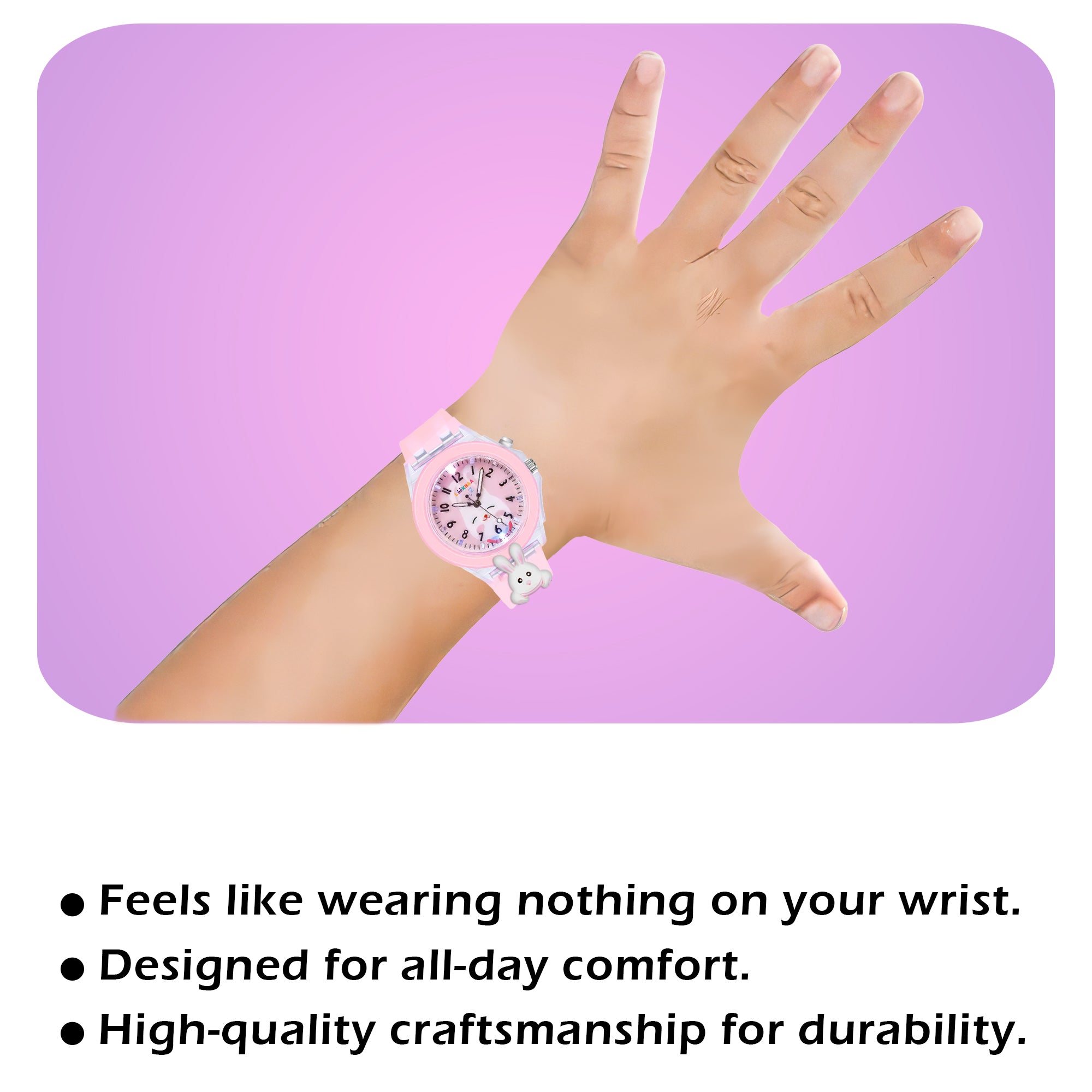 Lookhaa 3D Cartoon Rabbit Watch with 7 Disco Lights Analog Watch for Girls - Pink lookhaa