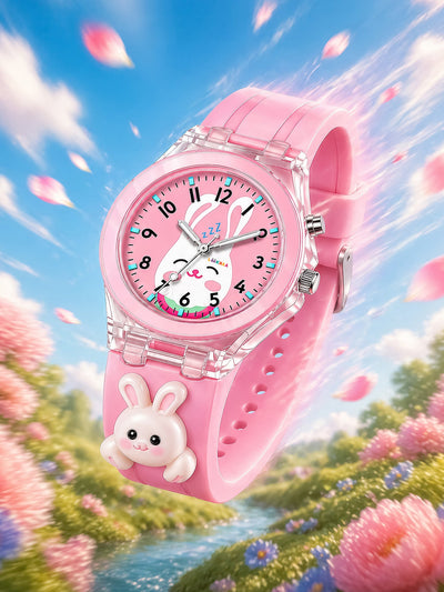 Lookhaa 3D Cartoon Rabbit  Pink Watch with 7 Disco Lights Analog Watch for Girls