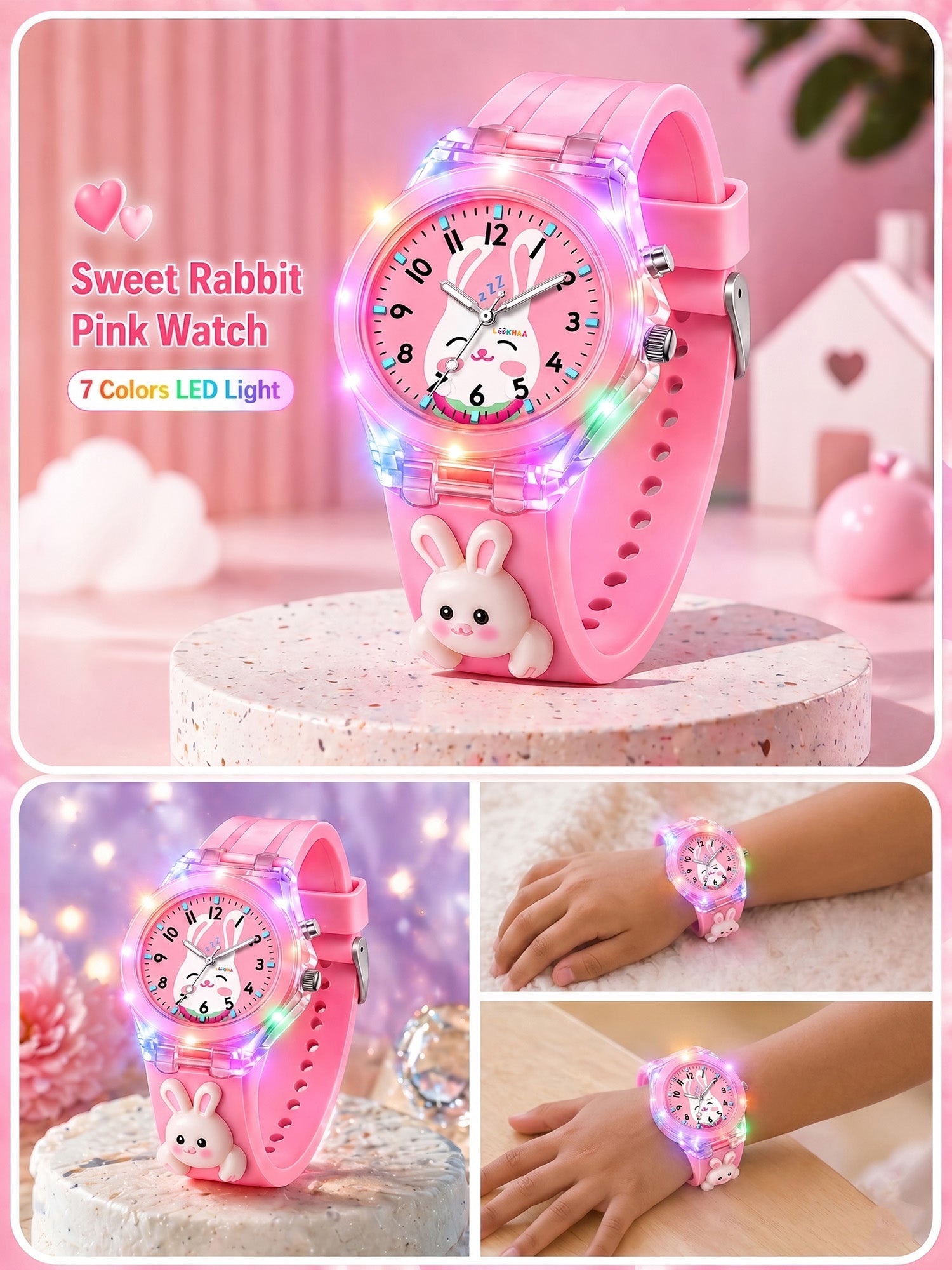 Lookhaa 3D Cartoon Rabbit  Pink Watch with 7 Disco Lights Analog Watch for Girls lookhaa