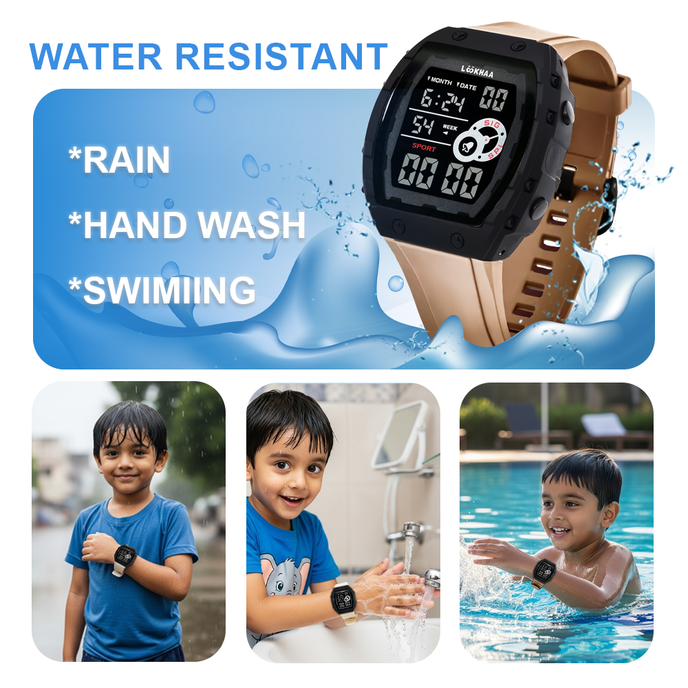 Lookhaa Kids Digital Multi Functional Watch Outdoor Waterproof Date Luminous LED Digital Watch For Boy - Cream lookhaa