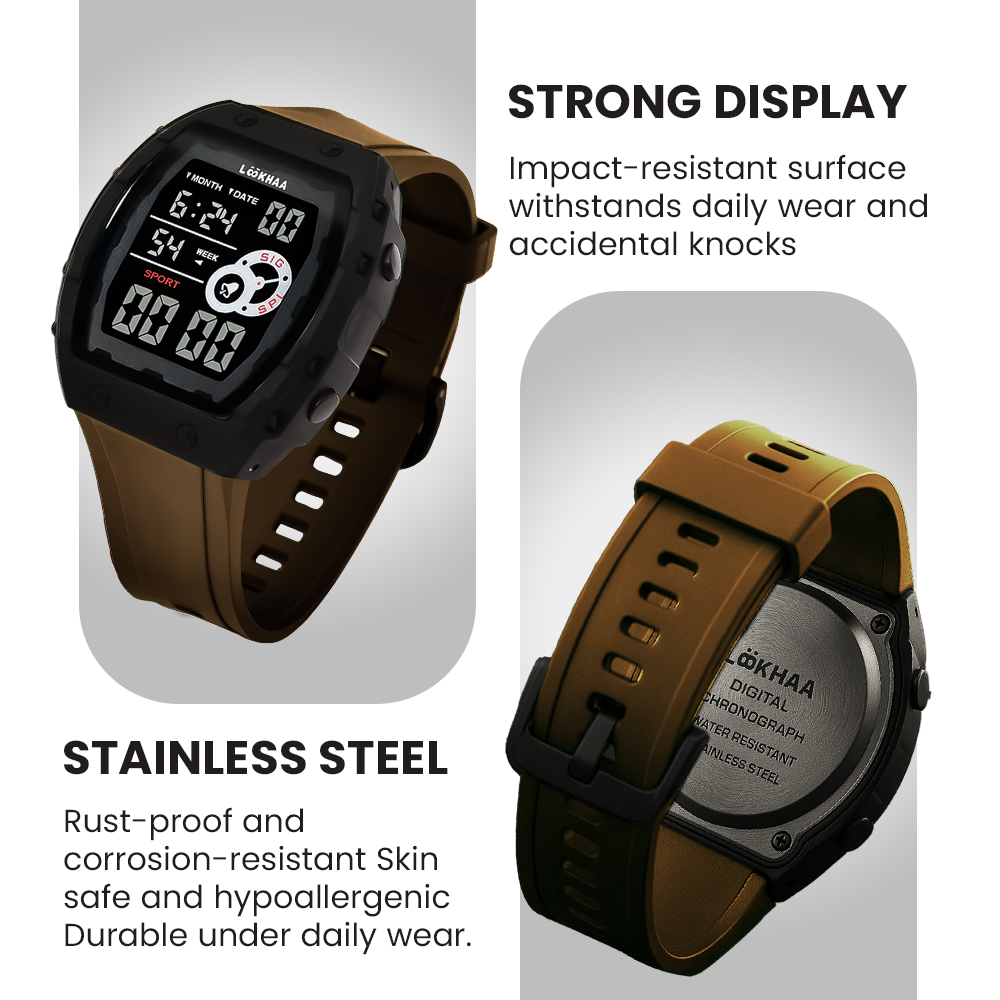 Lookhaa Kids Digital Multi Functional Watch Outdoor Waterproof Date Luminous LED Digital Watch For Boy - Brown lookhaa