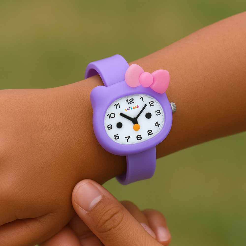 LOOKHAA Babykitty Purple Analog Watch for Girls Kids with Cute Bow lookhaa