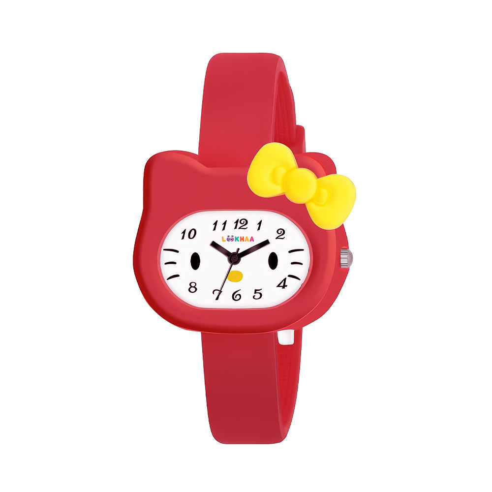 LOOKHAA Babykitty Red Analog Watch for Girls Kids with Cute Bow lookhaa