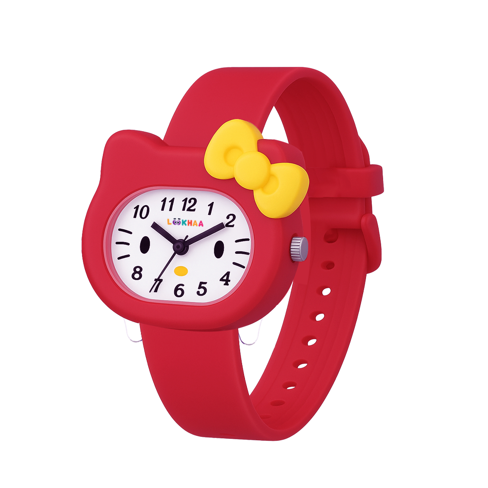 Red children's watch with a yellow bow on a white background