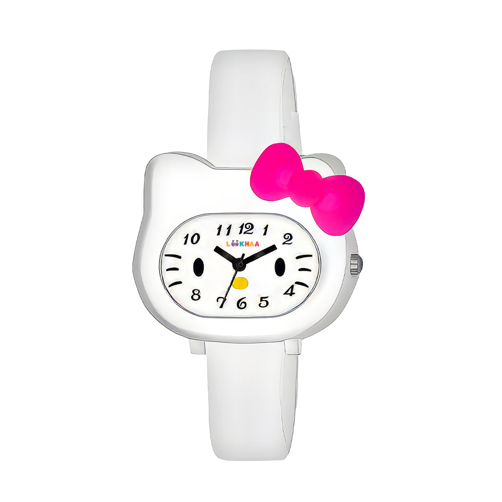 LOOKHAA Babykitty White Analog Watch for Girls Kids with Cute Bow lookhaa