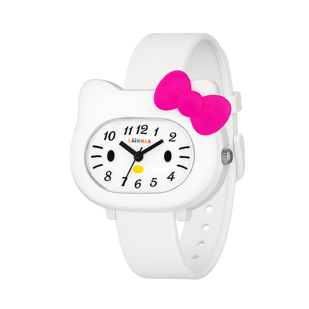 LOOKHAA Babykitty White Analog Watch for Girls Kids with Cute Bow lookhaa