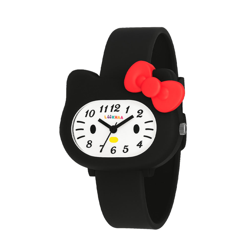 LOOKHAA Babykitty Black Analog Watch for Girls Kids with Cute Bow lookhaa