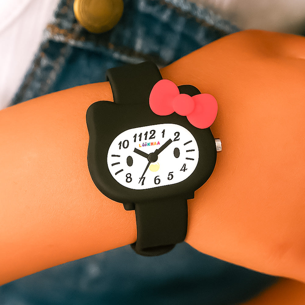 LOOKHAA Babykitty Black Analog Watch for Girls Kids with Cute Bow lookhaa