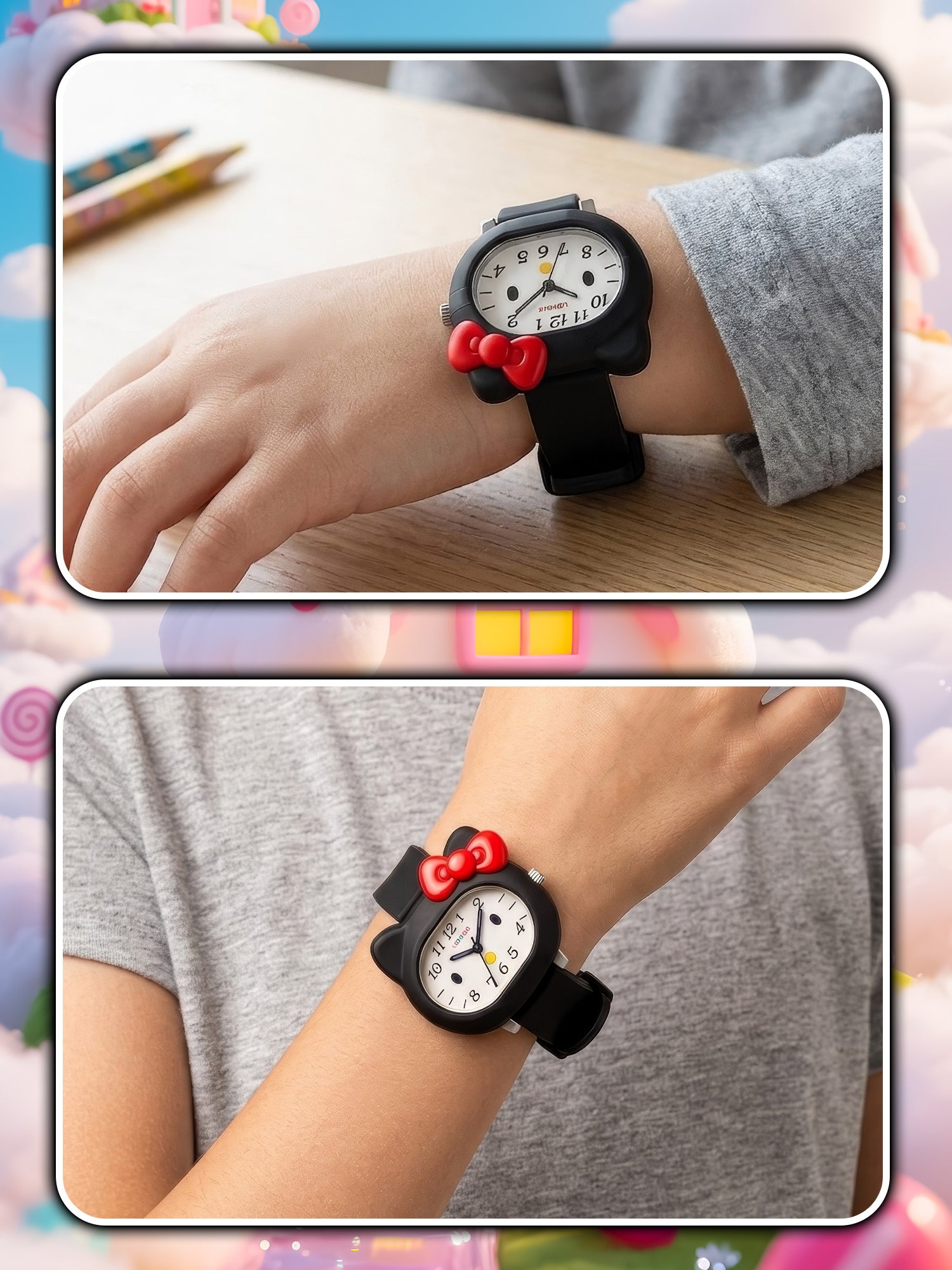 LOOKHAA Babykitty Black Analog Watch for Girls Kids with Cute Bow lookhaa