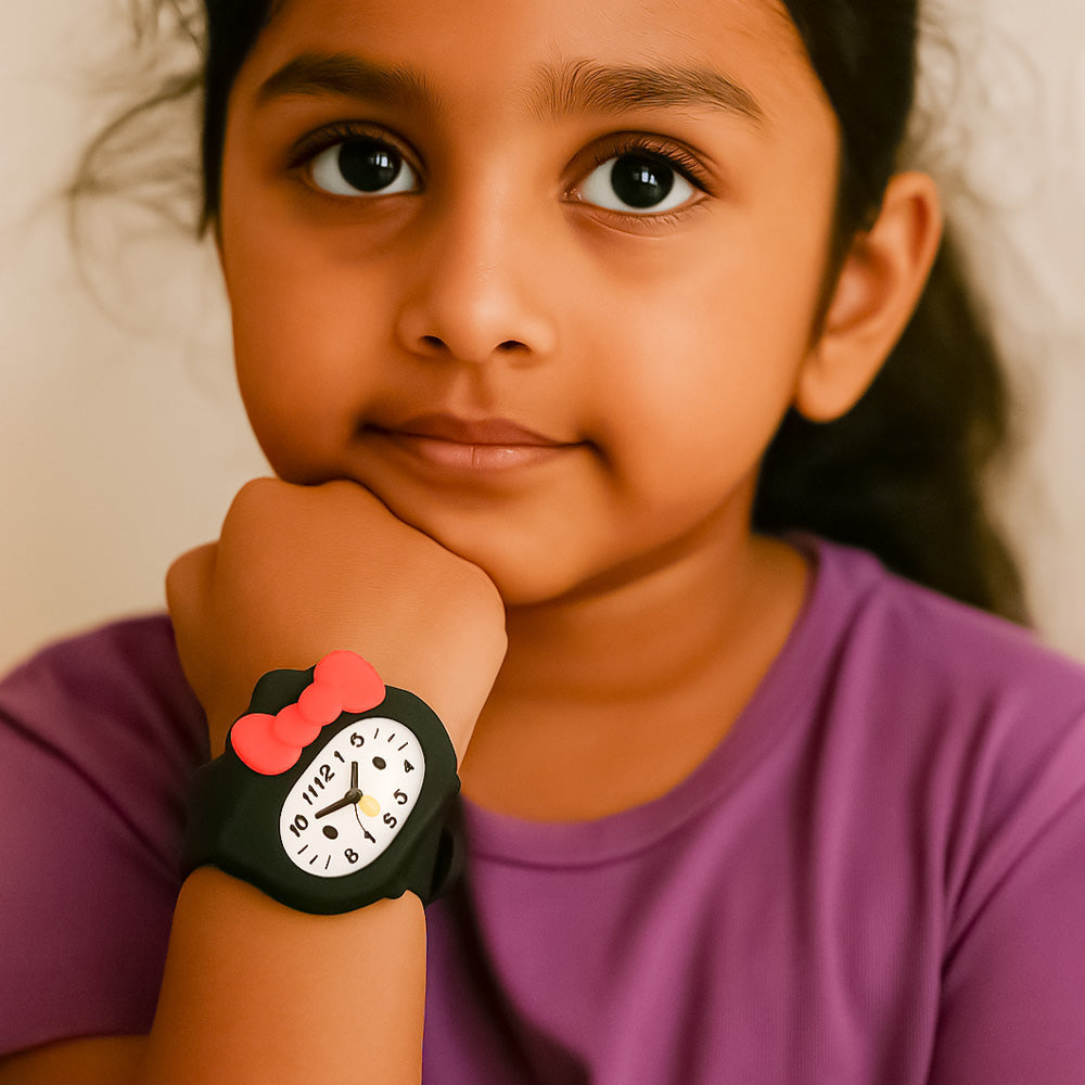 LOOKHAA Babykitty Black Analog Watch for Girls Kids with Cute Bow lookhaa