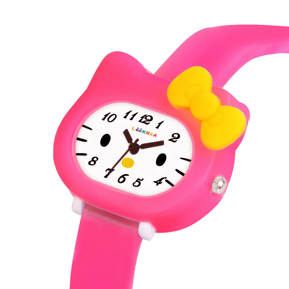 LOOKHAA Babykitty Pink Analog Watch for Girls Kids with Cute Bow lookhaa