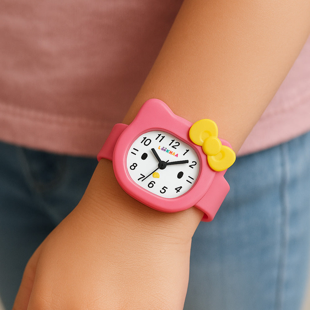 LOOKHAA Babykitty Pink Analog Watch for Girls Kids with Cute Bow lookhaa