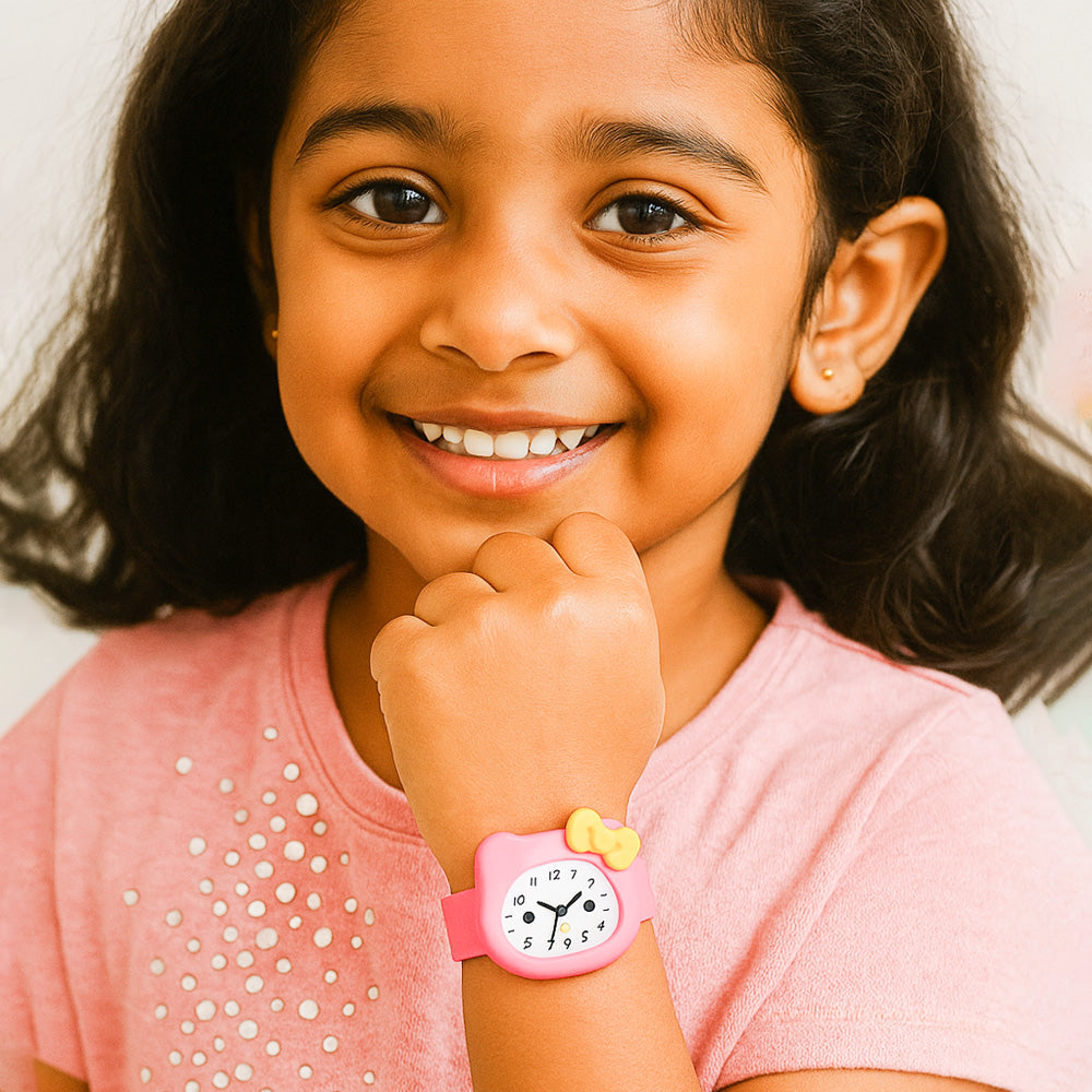 LOOKHAA Babykitty Pink Analog Watch for Girls Kids with Cute Bow lookhaa