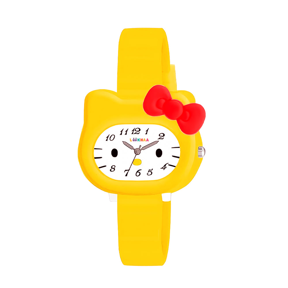 LOOKHAA Babykitty Yellow Analog Watch for Girls Kids with Cute Bow lookhaa