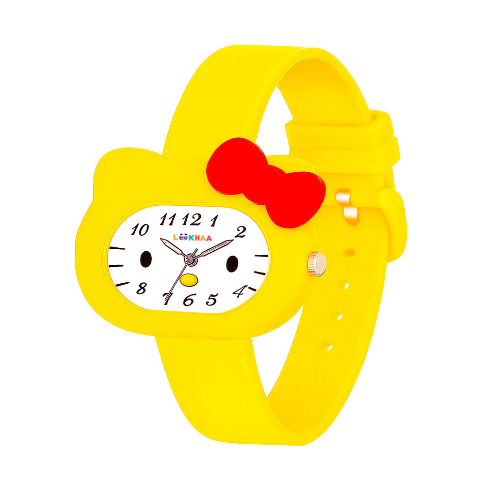 LOOKHAA Babykitty Yellow Analog Watch for Girls Kids with Cute Bow lookhaa