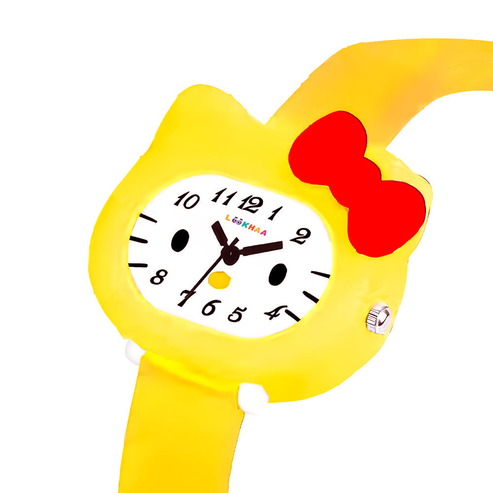 LOOKHAA Babykitty Yellow Analog Watch for Girls Kids with Cute Bow lookhaa